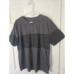 Open Trails Mens XL Henley Shirt Charcoal Gray Black Striped Short Sleeve Cotton